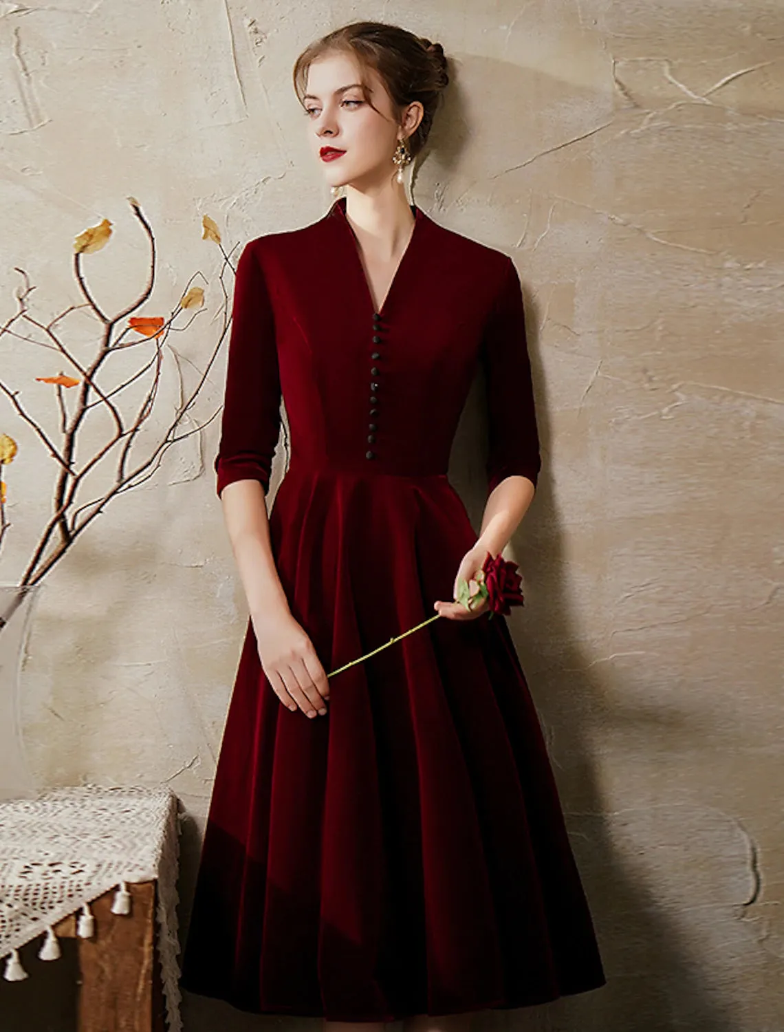 A-Line Cocktail Dresses Vintage Dress Wedding Guest Party Wear Tea Length Half Sleeve V Neck Fall Wedding Guest Velvet with Sleek