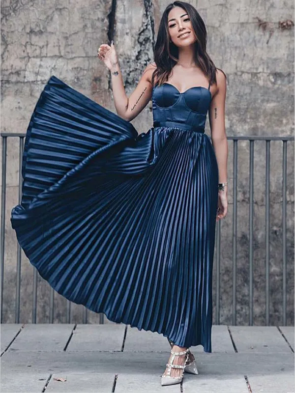 A-Line Spaghetti Straps Pleated Navy Blue Satin Prom Party Dresses Online, TYP1290