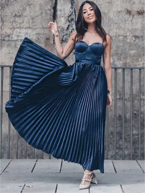 A-Line Spaghetti Straps Pleated Navy Blue Satin Prom Party Dresses Online, TYP1290