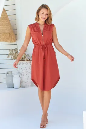 Alma Midi Rust Linen Look Zip Front Dress