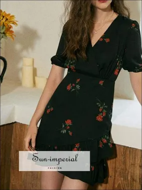 Black Rose Flower Print V-neck Short Puff Sleeve Mini Dress with Ruffles detail