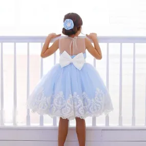 Blue Satin Off White Applique See Through Back Bow Knot Flower Girl Dresses, FGS104