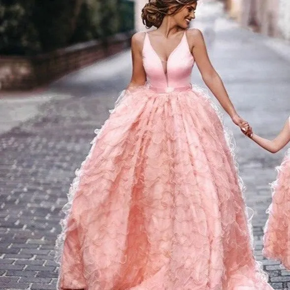 Coral Pink Tiered Ruffles Ball Mother Daughter Gown