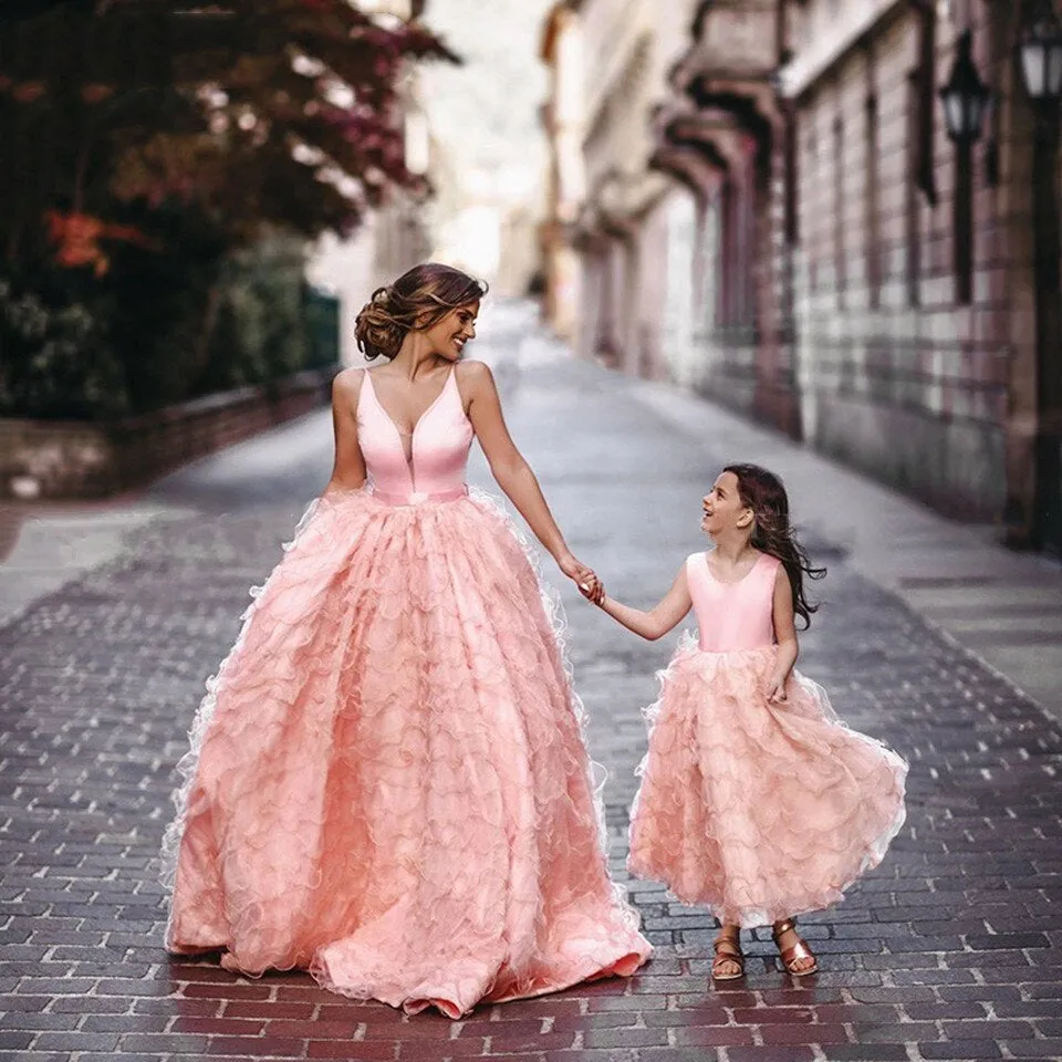 Coral Pink Tiered Ruffles Ball Mother Daughter Gown