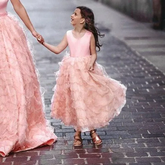 Coral Pink Tiered Ruffles Ball Mother Daughter Gown