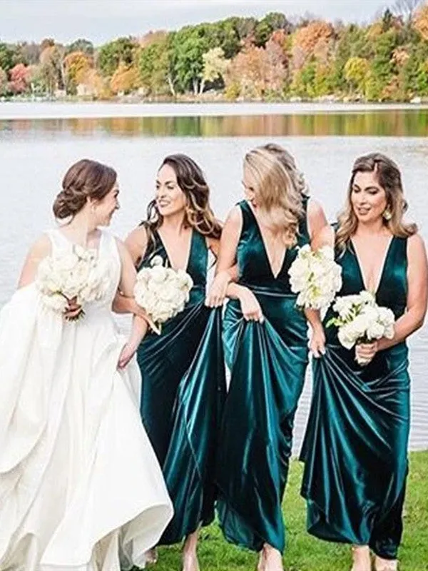 Deep V-neck Long Bridesmaid Dresses, Simple 2020 Bridesmaid Dresses