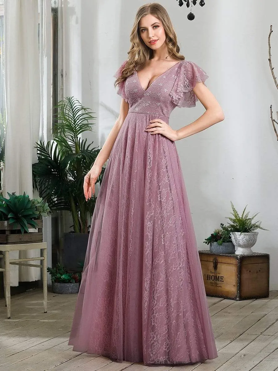 Double V Neck Long Lace Evening Dress with Ruffle Sleeves