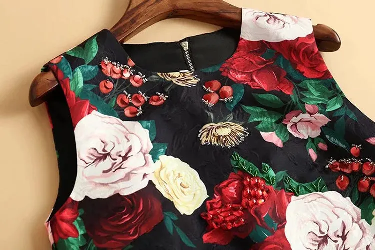 Fashion Runway Floral Print Beading Vintage Mini Short Dress