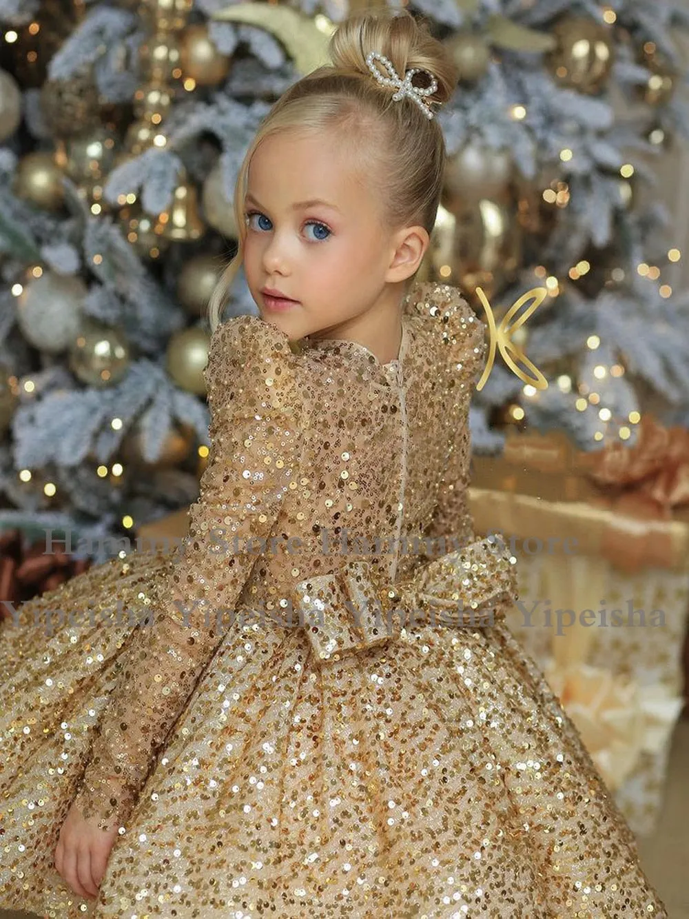 Luxury Long Sleeves Puffy Gold Sequin Flower Girl Dresses