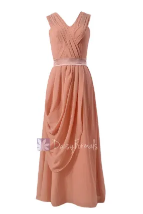 Peach Vintage Floor Length Chiffon Evening Dress  V-neck Bridesmaid Dress Side Swag(BM299)