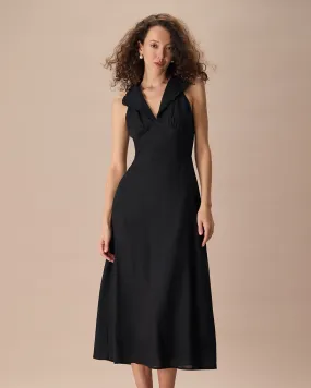 The Black Collared Frill Trim Linen Maxi Dress