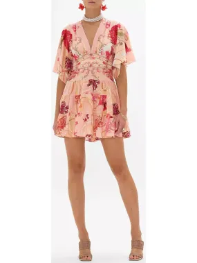 Women’s Blush Pink Floral-Printed Low-Cut Silk Mini Dress